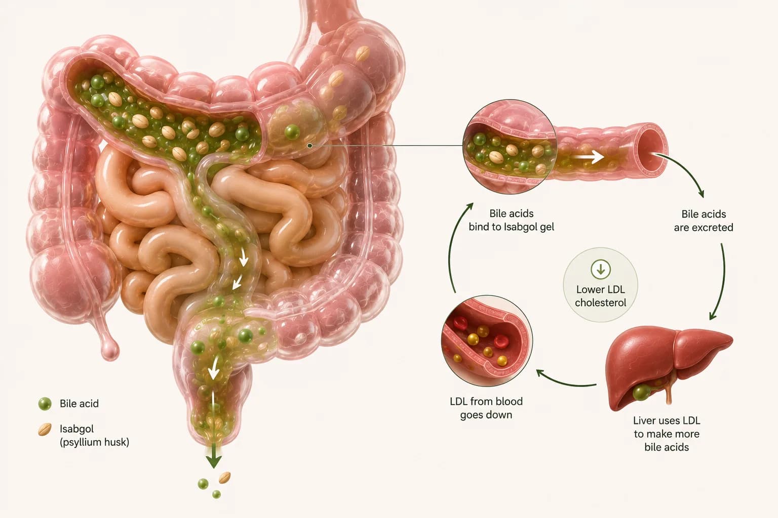 The bile acid cycle: bile acids bind to isabgol gel in the gut and are excreted, so the liver draws LDL cholesterol from the blood to make replacements